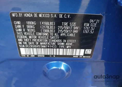 2021 Honda Hr-V Awd Ex from USA, damaged, VIN 3CZRU6H53MM741433